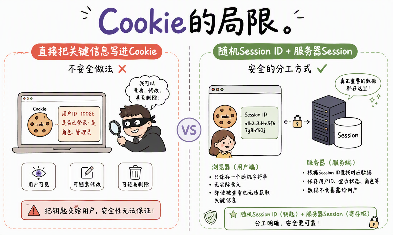 Cookie 只保存在浏览器端,用户可以查看、修改或删除其中的数据