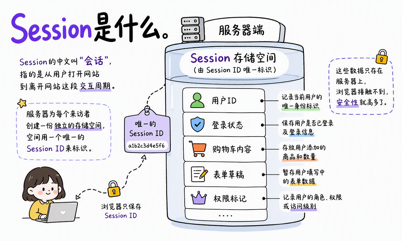 Session 把真正重要的状态保存在服务器端,浏览器只保留随机 Session ID