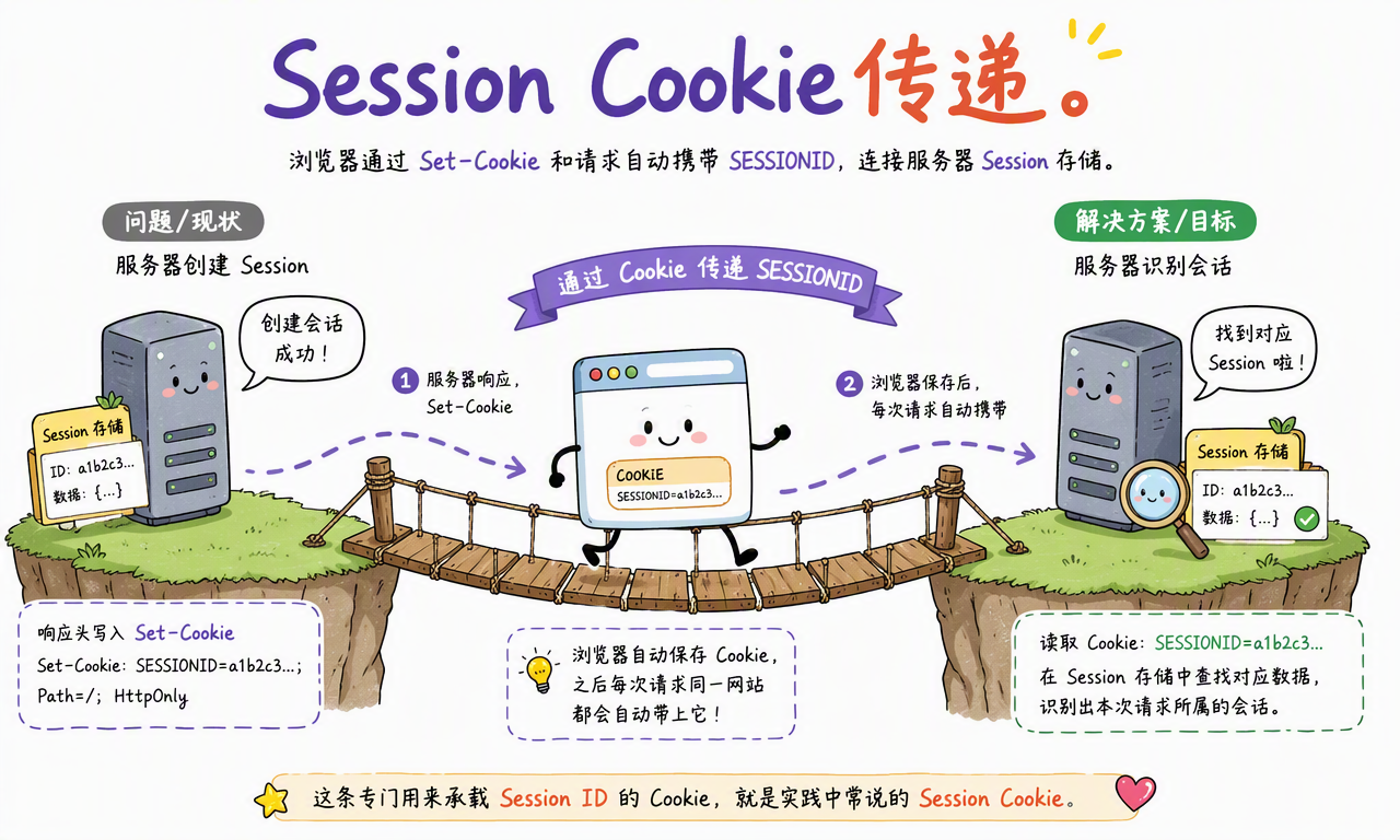 Session Cookie 通过 Set-Cookie 和后续请求中的 SESSIONID,把浏览器与服务器端 Session 存储连接起来