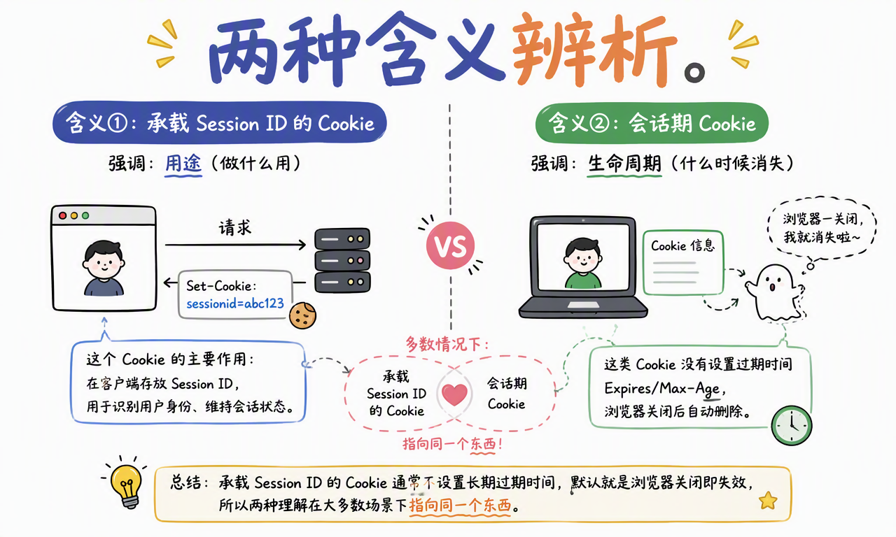 Session Cookie 的两种常见含义:承载 Session ID 的 Cookie,以及浏览器关闭后通常消失的会话期 Cookie