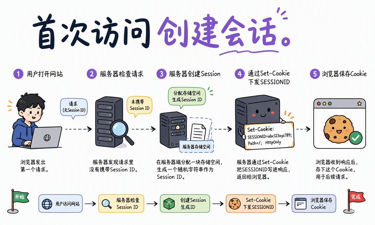 首次访问时服务器检查请求、创建 Session、生成 Session ID 并通过 Set-Cookie 返回给浏览器