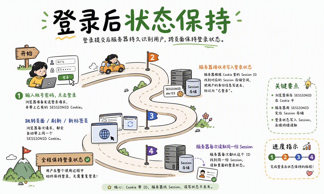 登录场景中的 Session Cookie 流程:提交账号密码、服务器写入登录状态、跨页面请求持续读取同一份 Session