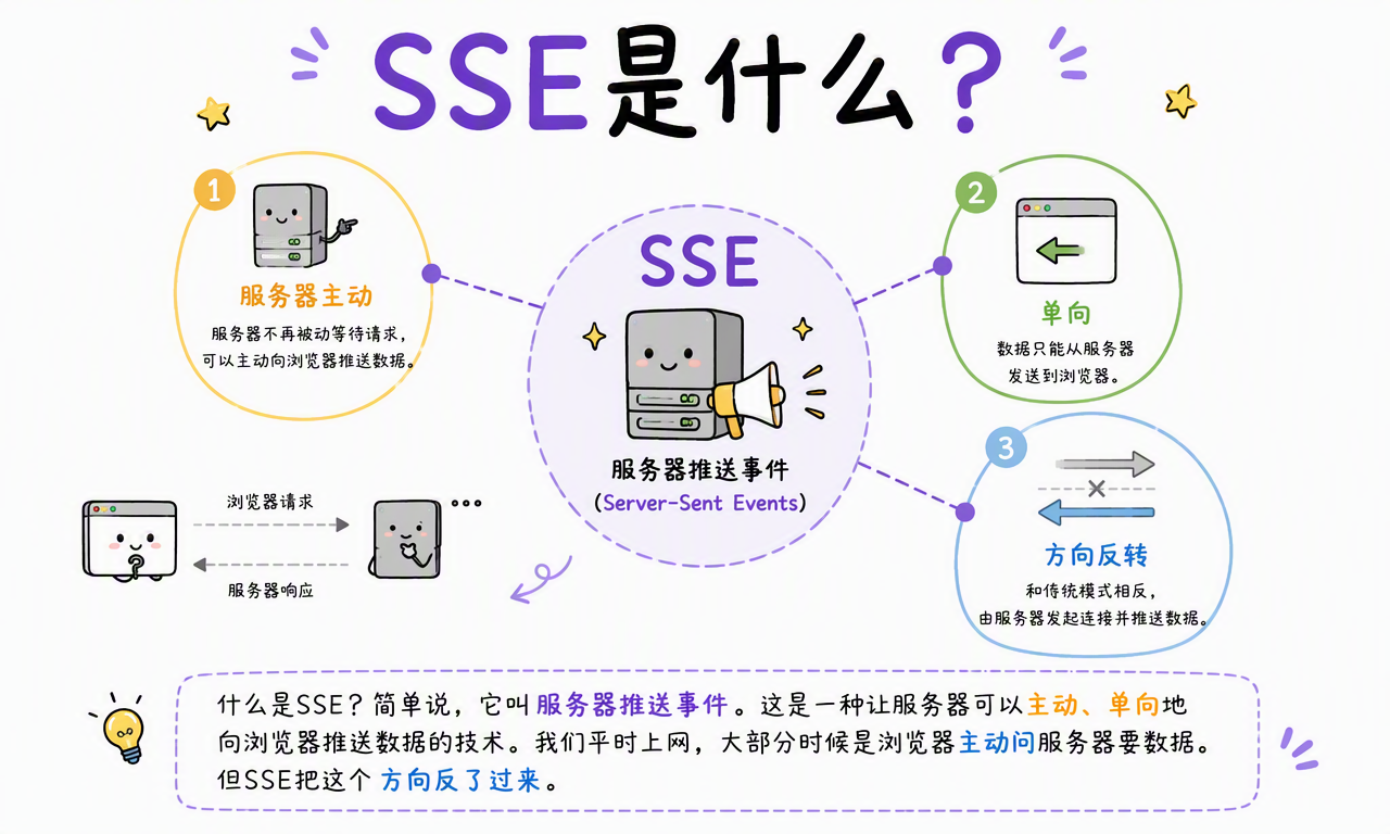 SSE 的定义、服务器主动推送、单向数据流和与传统请求响应方向的区别