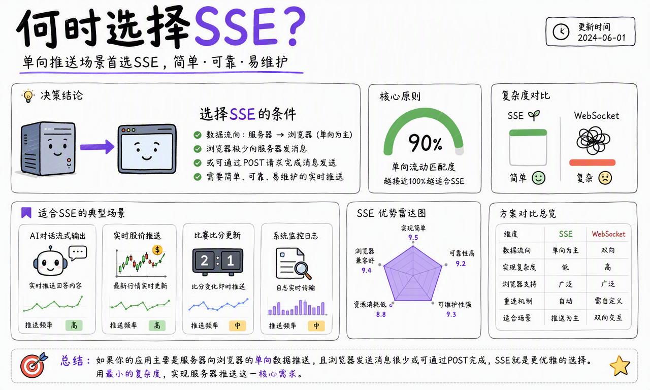AI 流式输出、实时股价、比分更新和监控日志等适合 SSE 的典型场景