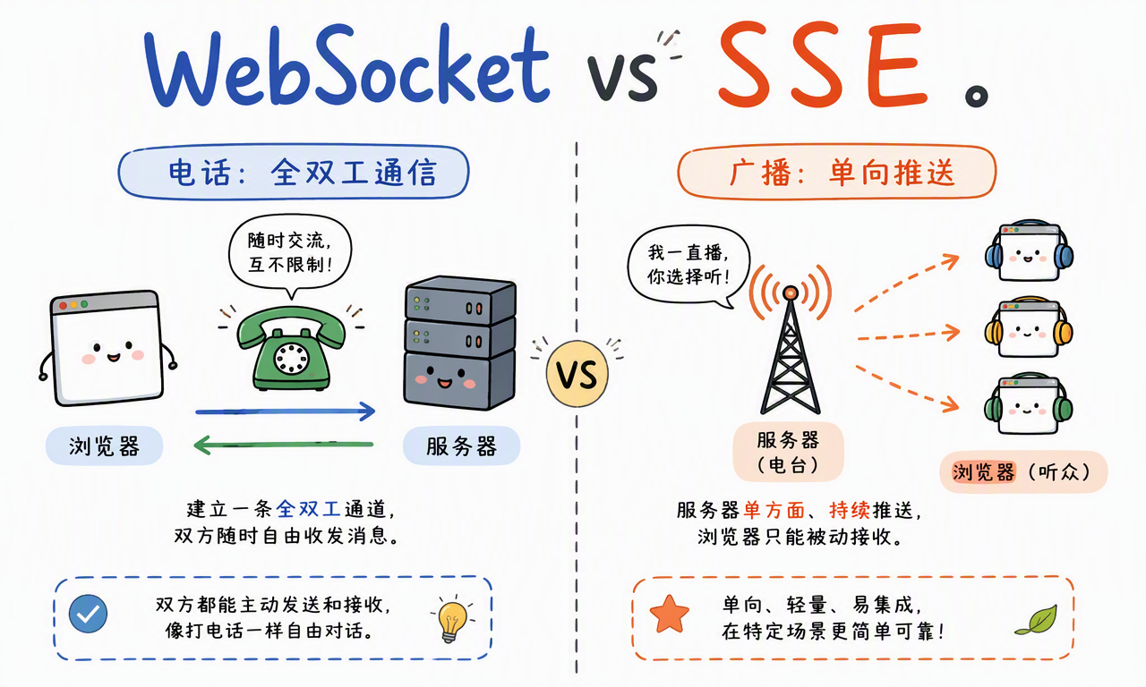 WebSocket 的全双工电话模型与 SSE 的单向广播模型对比