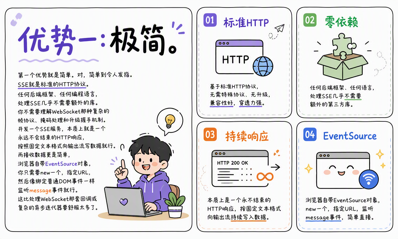 SSE 基于标准 HTTP、几乎零额外依赖、持续响应和原生 EventSource 带来的低复杂度