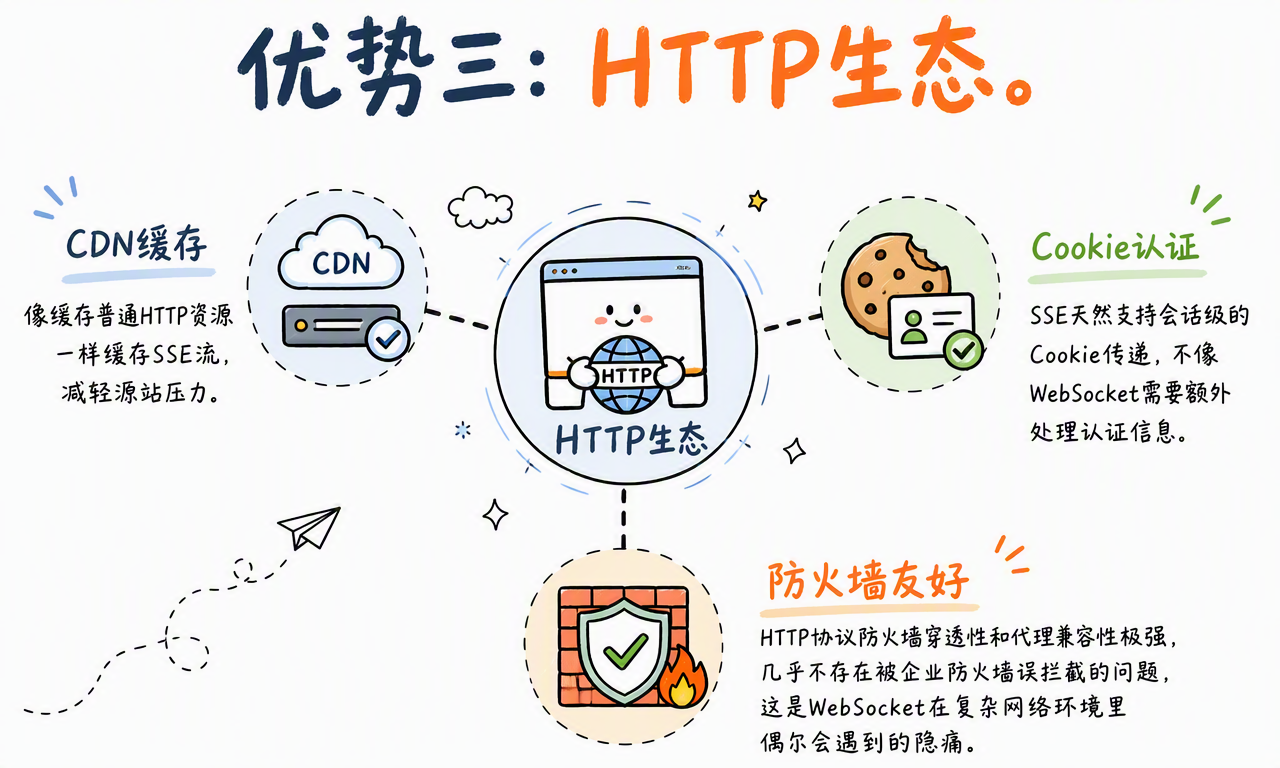 SSE 复用 HTTP 的 Cookie 会话、代理穿透和防火墙兼容能力