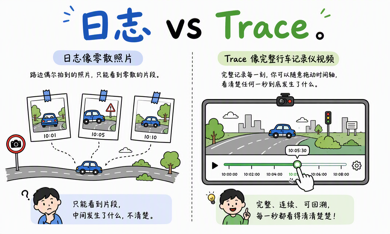 日志只提供零散快照,而 Trace 保留连续的执行轨迹