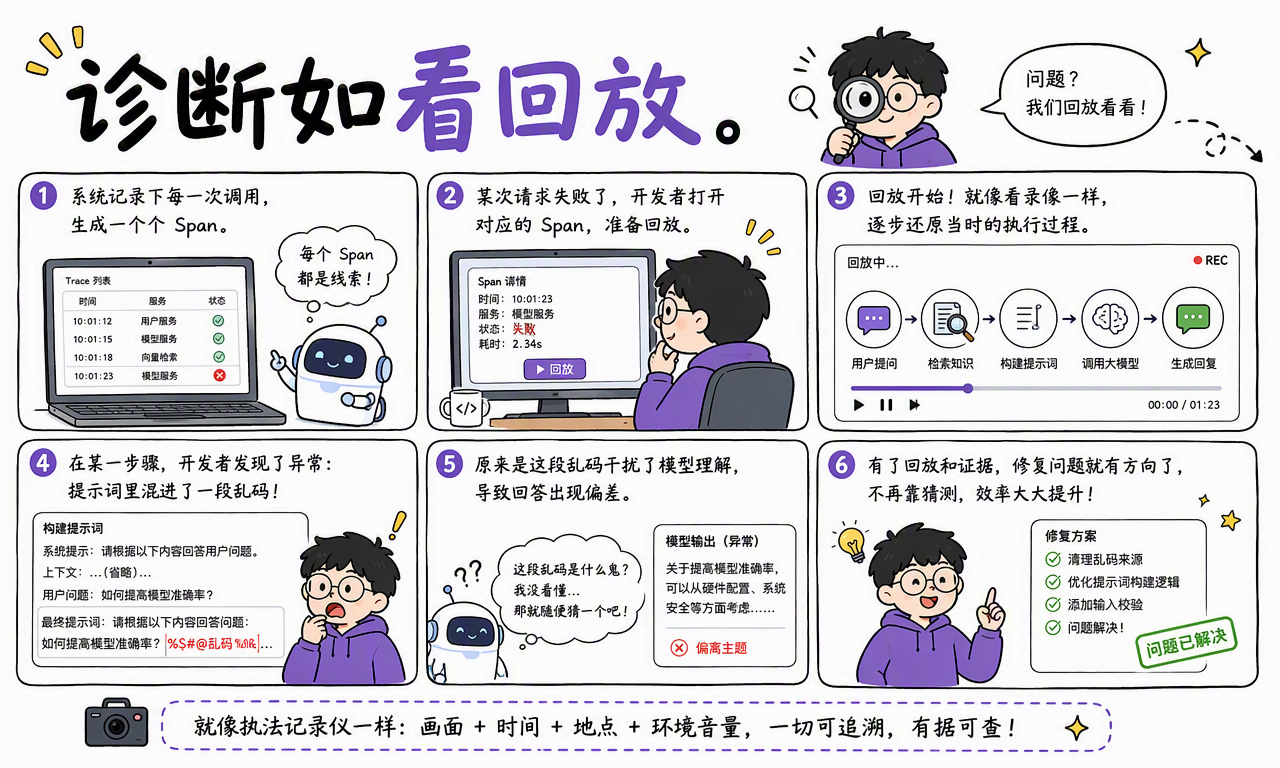开发者通过 Span 回放发现提示词混入乱码导致回答偏题