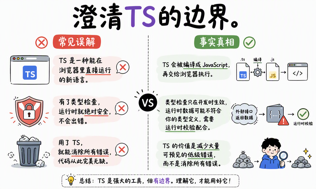 TypeScript 的常见误解与真实边界:编译为 JavaScript、类型检查不覆盖运行时数据