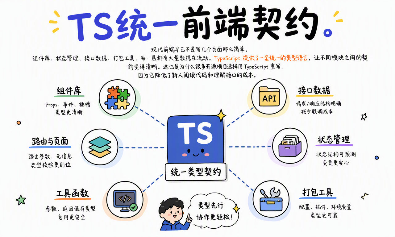 TypeScript 为组件库、路由、接口数据、状态管理和工具函数提供统一前端契约