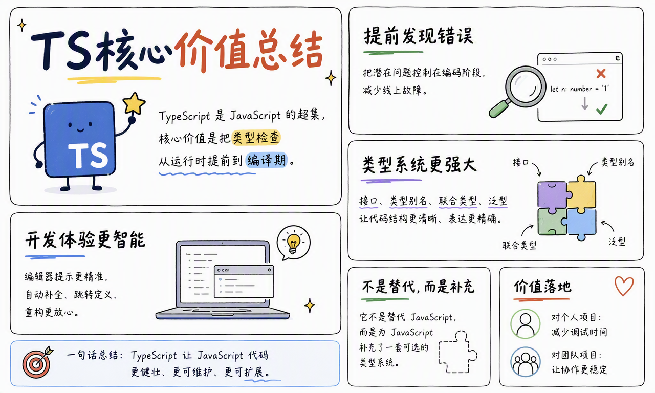 TypeScript 的核心价值总结:提前发现错误、增强类型系统、改善开发体验并服务大型项目