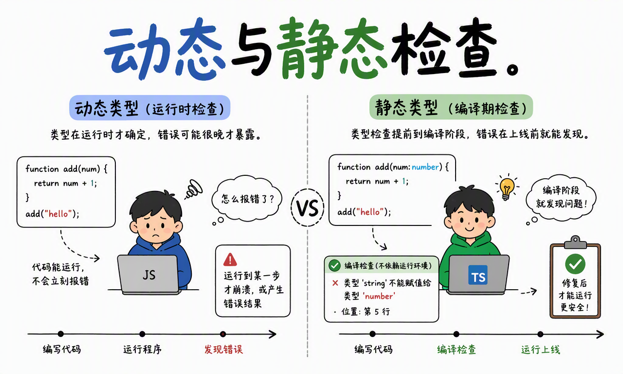JavaScript 的运行时检查与 TypeScript 的编译期静态检查对比