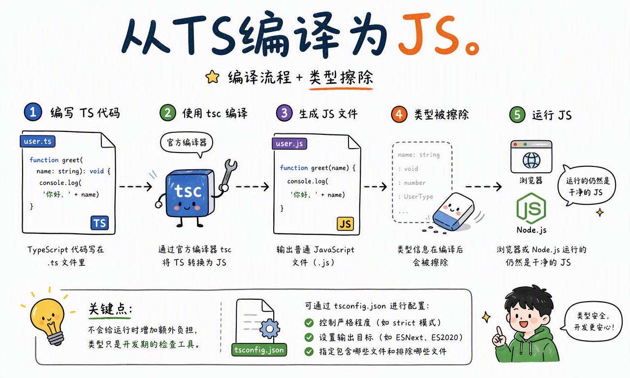 TypeScript 通过 tsc 编译、擦除类型信息并输出普通 JavaScript
