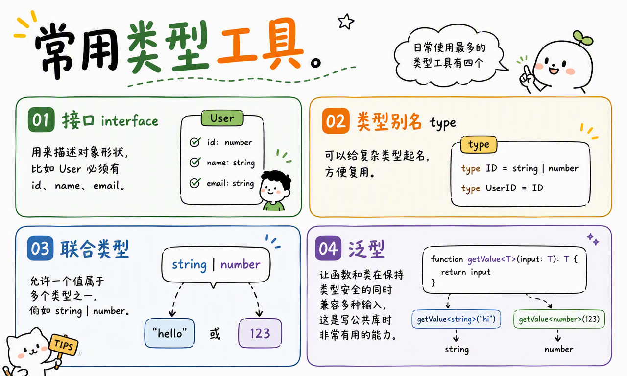 TypeScript 常用类型工具包括 interface、type、联合类型和泛型
