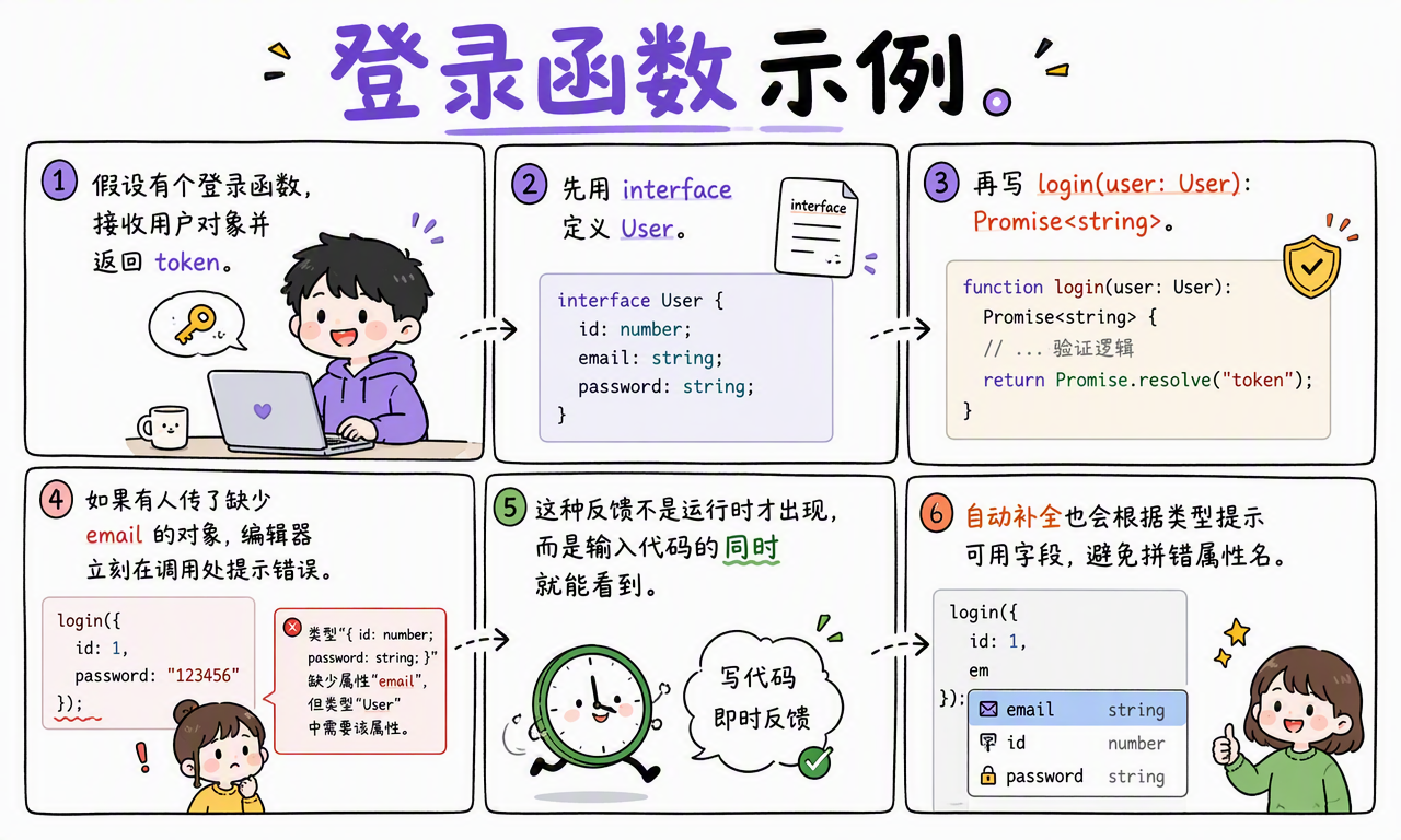 用 interface 定义 User 并为登录函数标注 Promise 字符串返回值
