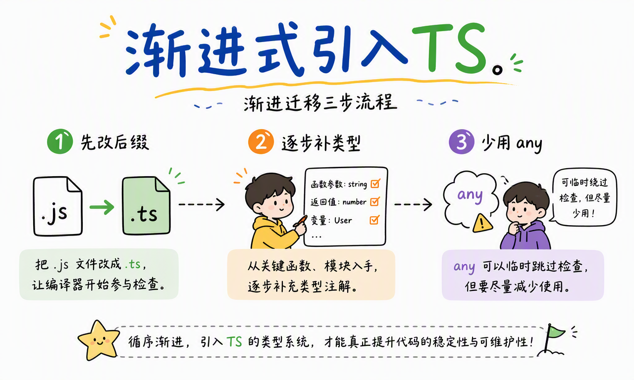 从 JavaScript 改后缀、逐步补类型并减少 any 的 TypeScript 迁移路径