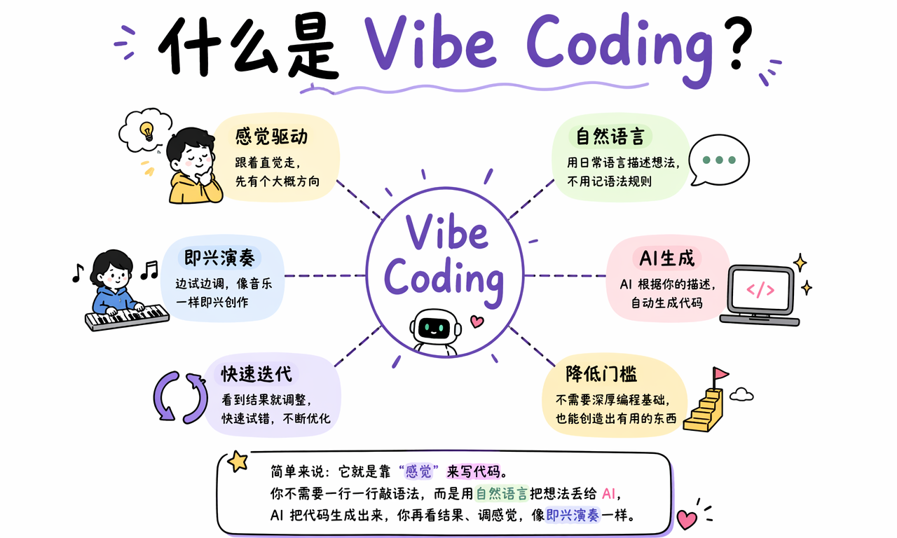 Vibe Coding 是用自然语言表达意图、由 AI 生成代码并快速迭代的编程方式