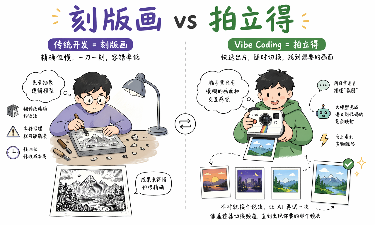 传统开发像刻版画,Vibe Coding 像拍立得,通过快速出片和切换结果寻找目标画面