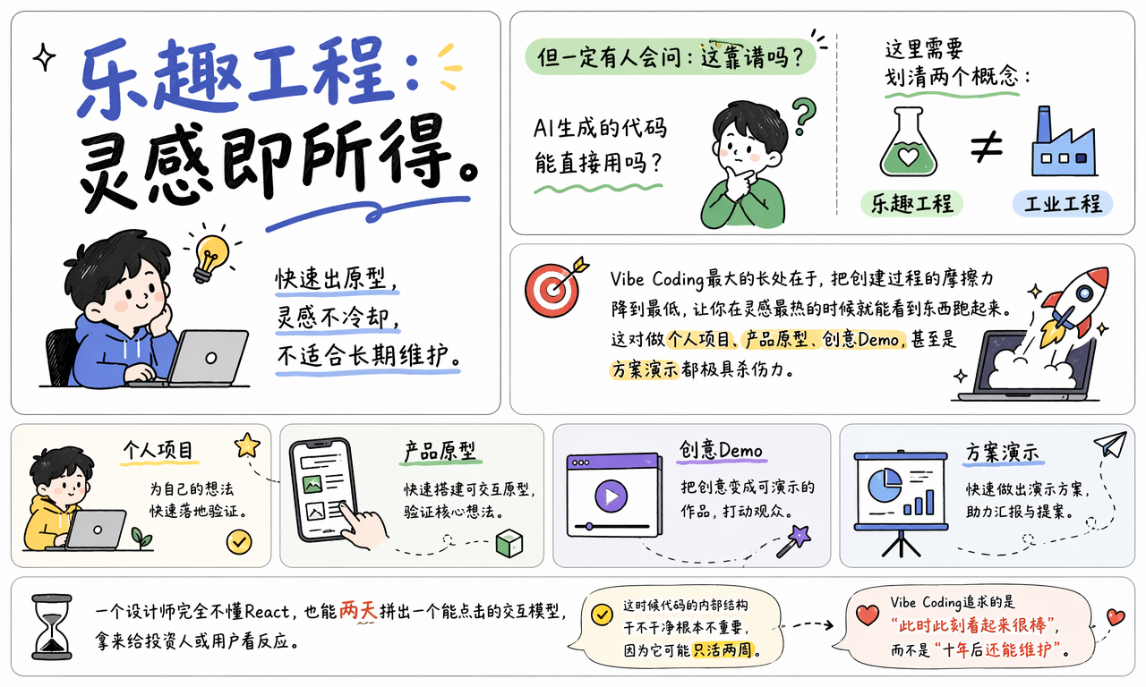 Vibe Coding 适合个人项目、产品原型、创意 Demo 和方案演示等乐趣工程