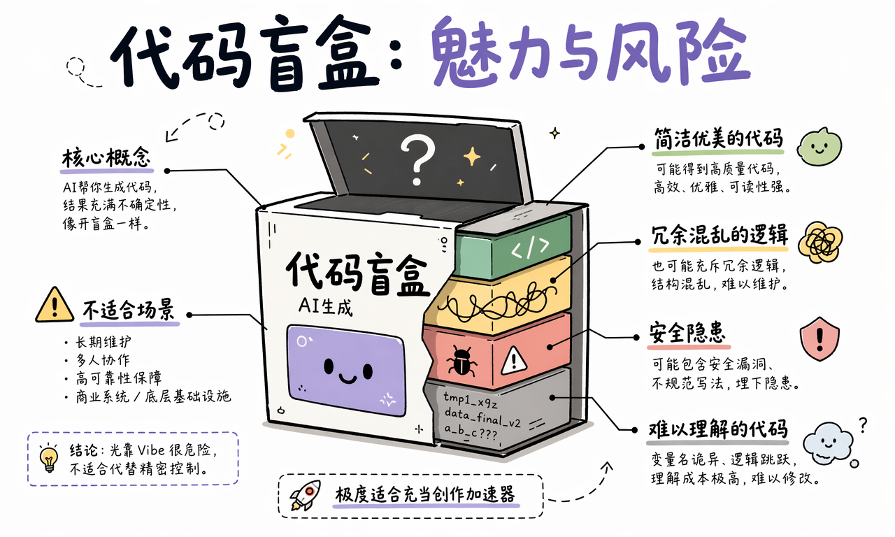 AI 生成代码像代码盲盒,可能简洁优美,也可能包含冗余逻辑、安全隐患和维护难题