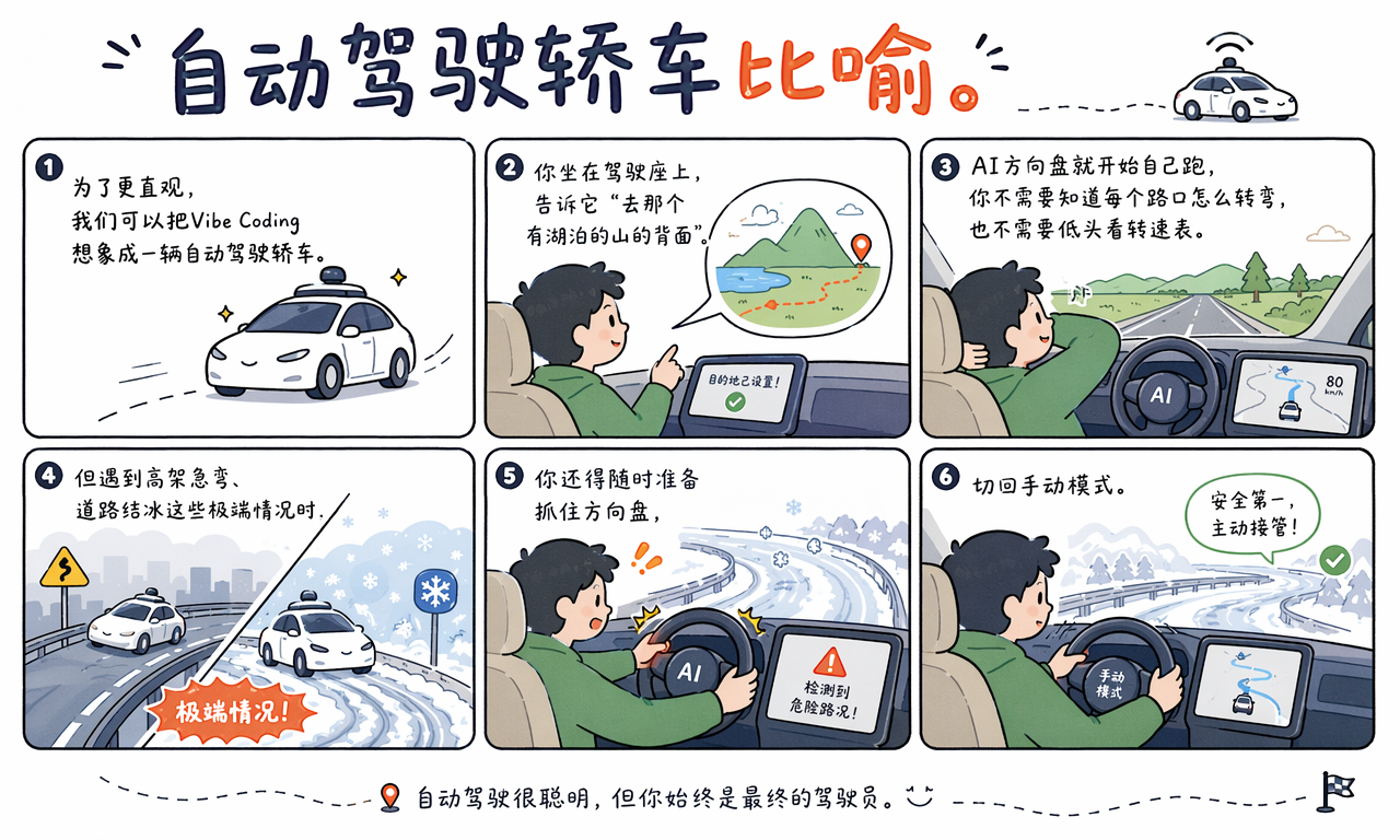 Vibe Coding 像自动驾驶,常规道路可以交给 AI,极端情况仍需要人切回手动模式