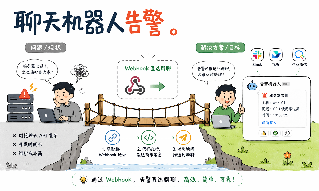 监控系统通过群机器人 Webhook 将服务器告警推送到 Slack、飞书或企业微信