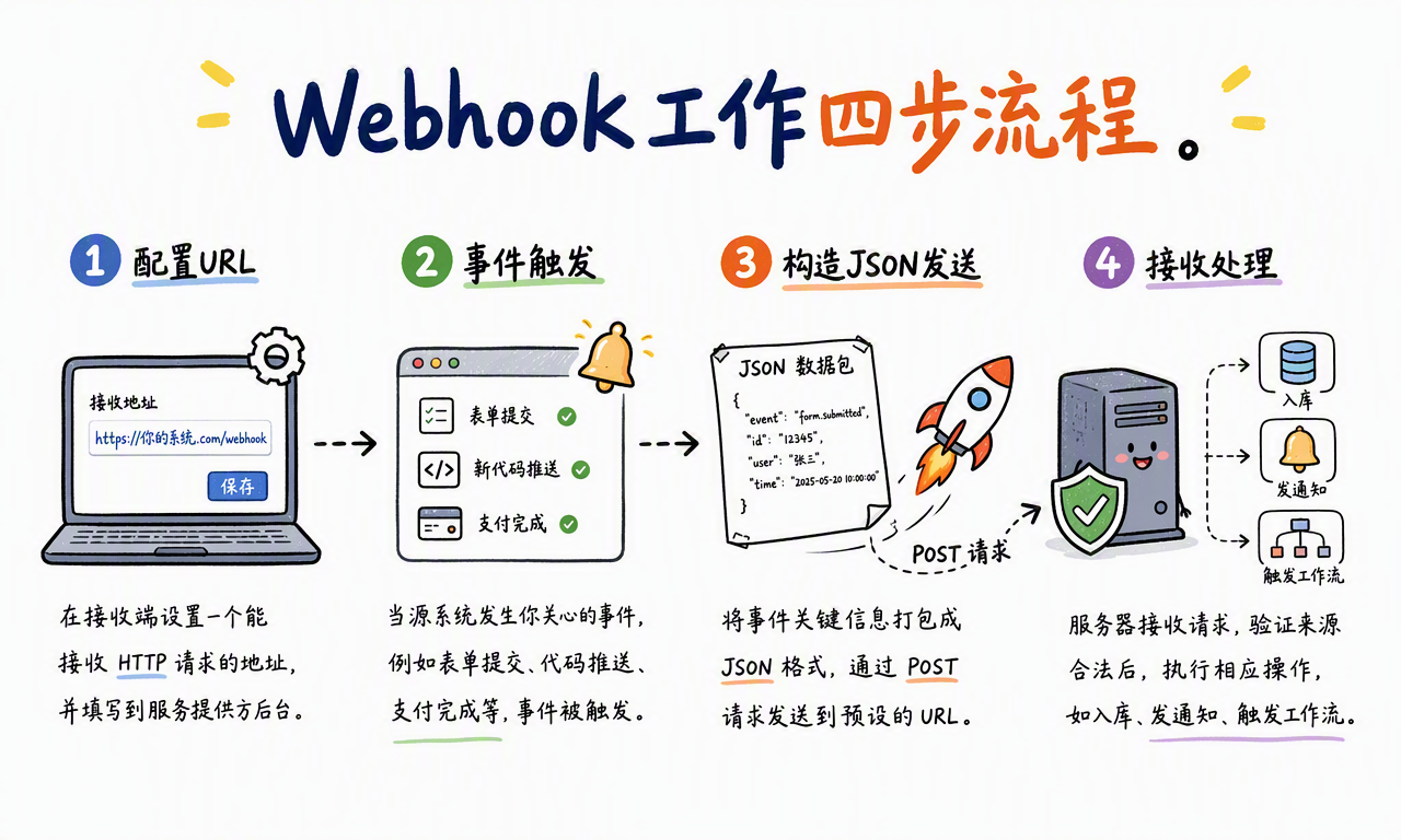 Webhook 从配置 URL、事件触发、构造 JSON 到接收处理的四步流程