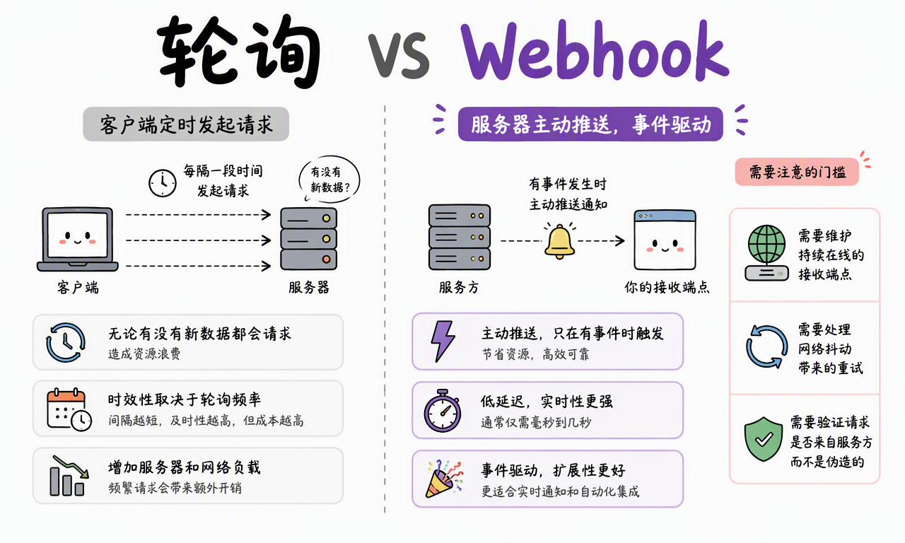 轮询与 Webhook 在请求方向、触发方式、延迟、资源消耗和运维要求上的对比