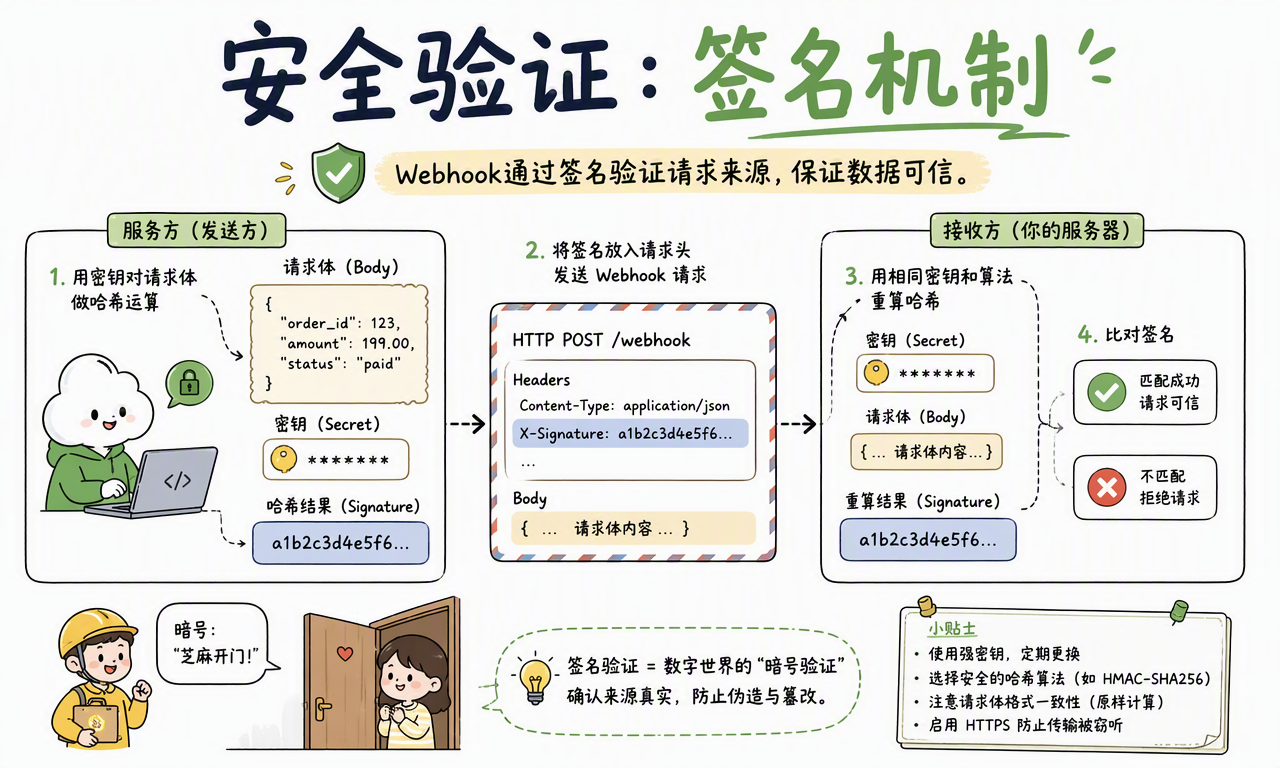 Webhook 使用共享密钥生成签名,并由接收方重算和比对签名