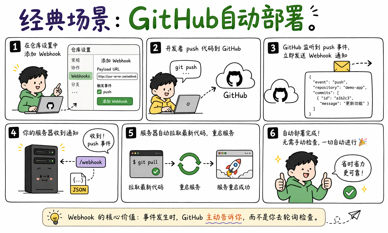 GitHub 在 push 事件发生后通过 Webhook 通知服务器并触发部署流程